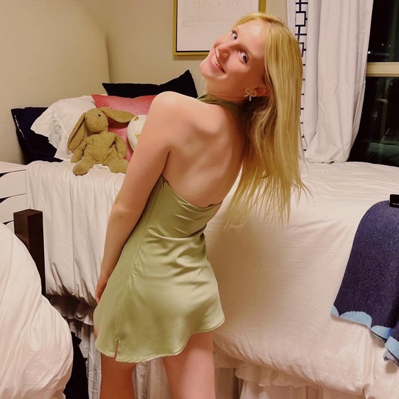 LE LIS Satin Sage Green Cocktail Hour Halter Dress - Picture 3 of 9